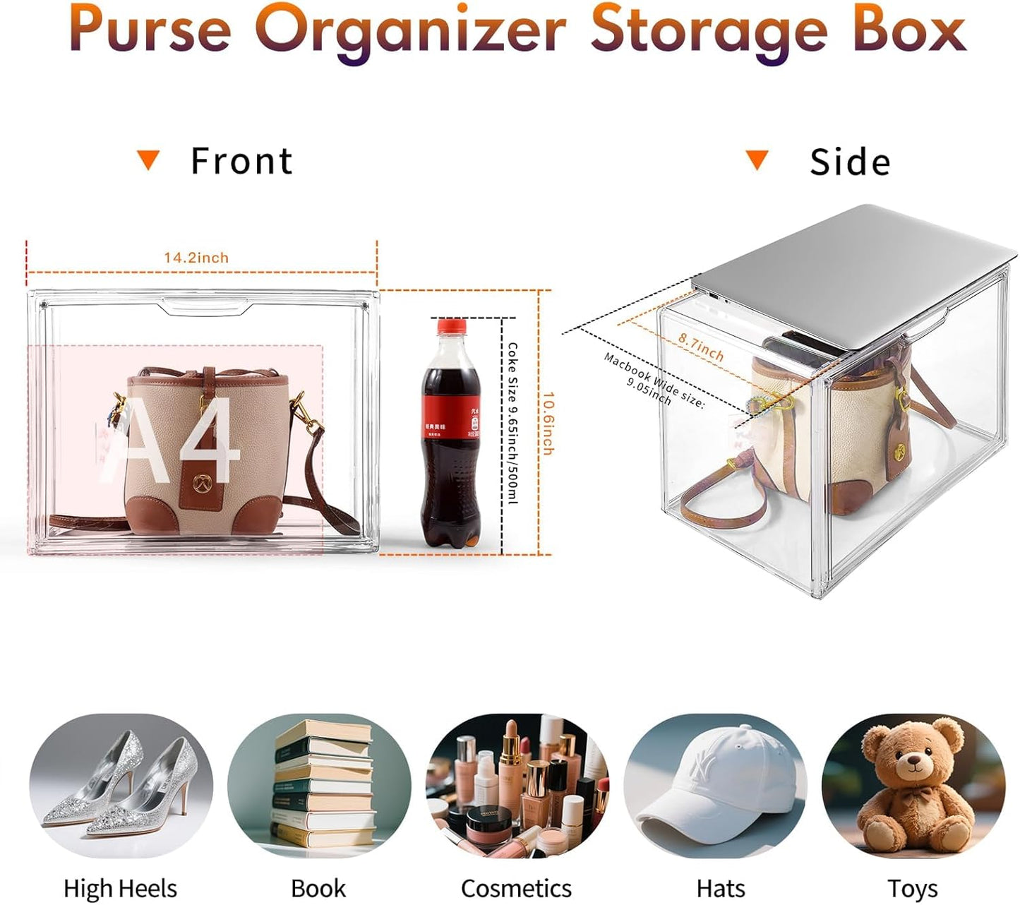 Purse Organizer for Closet, 5Pack Stackable Storage Bins, Clear Acrylic Display Case with Magnetic Door, Closet Organizers and Storage for Handbag Organzier, Heels, Collectibles