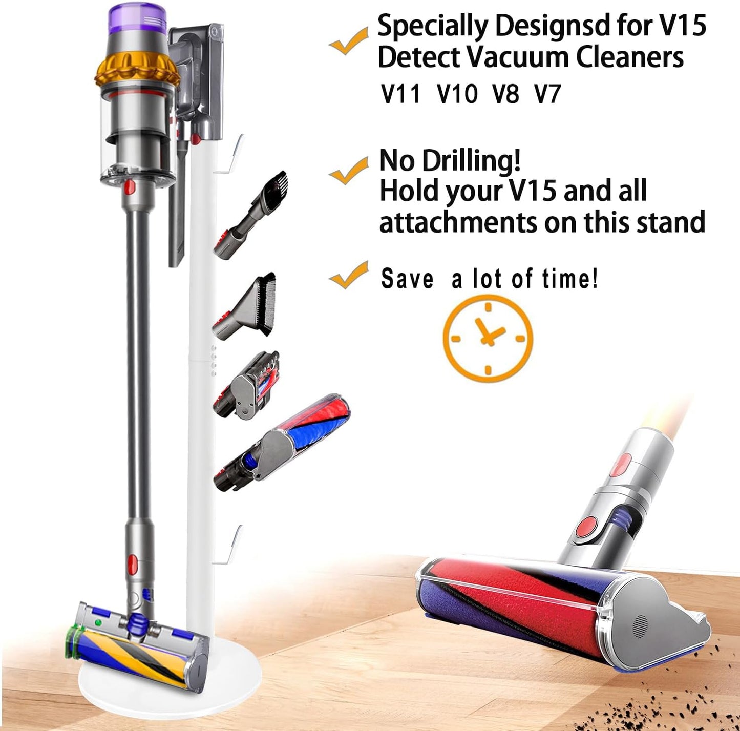Freestanding Vacuum Stand Holder Compatible with V15 Detect, V11 V10 V8 V7 V6 Cordless Vacuum Cleaners, Floor Docking Station Metal Organizer Bracket with 6 Hooks, White