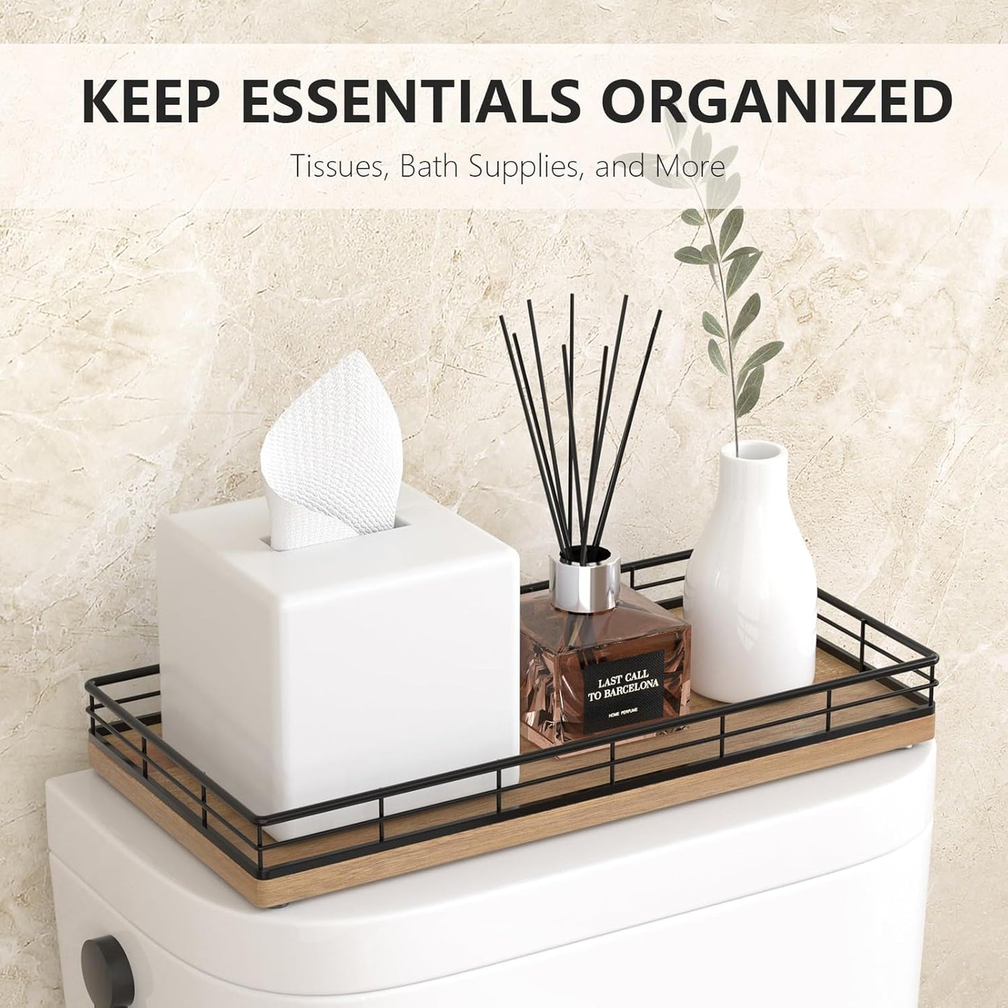 Toilet Paper Basket Organizer – Acacia Wood Toilet Tank Tray with Metal Frame, Back of Tank or Top Bathroom Counter Storage – Black & Acacia Modern Decor