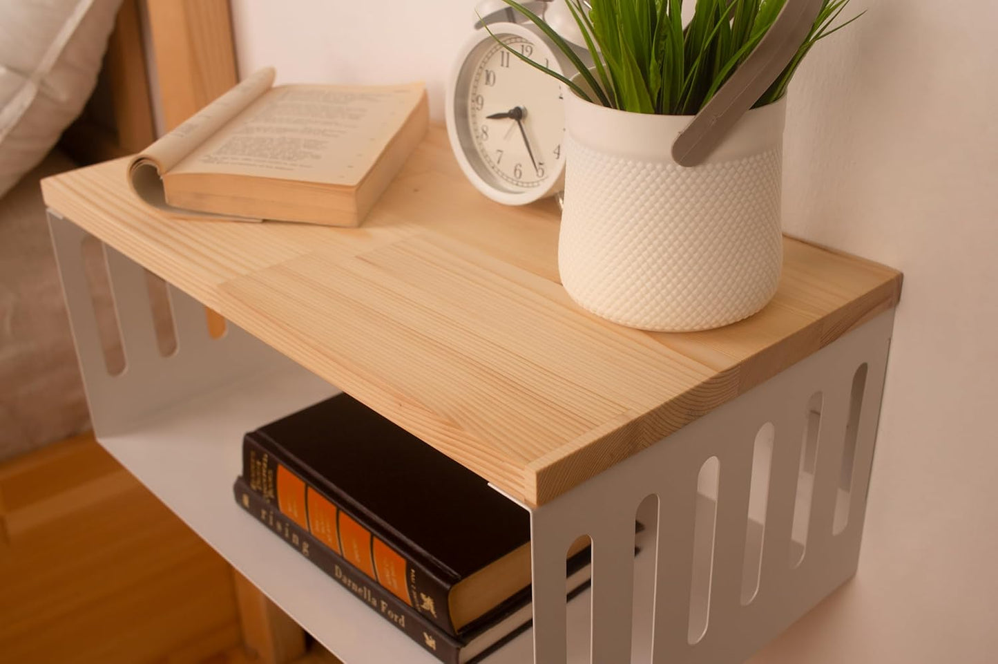 Floating Nightstand with White Metal Base, Wooden Top and Sturdy Metal Base, Minimalist Bedside Table, Wall Mounted Shelf, Bedside Shelf (Natural)
