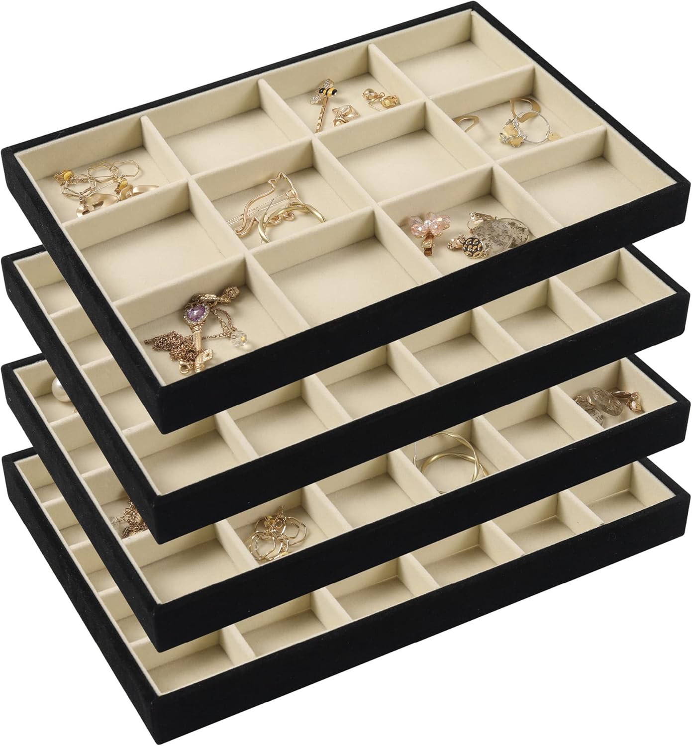 DIOMMELL Set of 4 Stackable Jewelry Trays Organizer Jewelry Display Showcase Dresser Drawer Organizer Storage Box for Ring Earring Bracelet Necklace Accessary