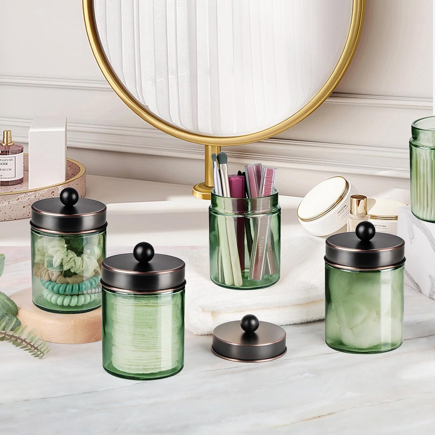 Amolliar Sage Green Apothecary Glass Jar With Metal Lid & Stickers, Bathroom Qtip Holder Storage Canister, Farmhouse Decor for Cotton Balls, Cotton Swabs, Makeup Pads, Bath Salt, Floss, ORB 2 Pack