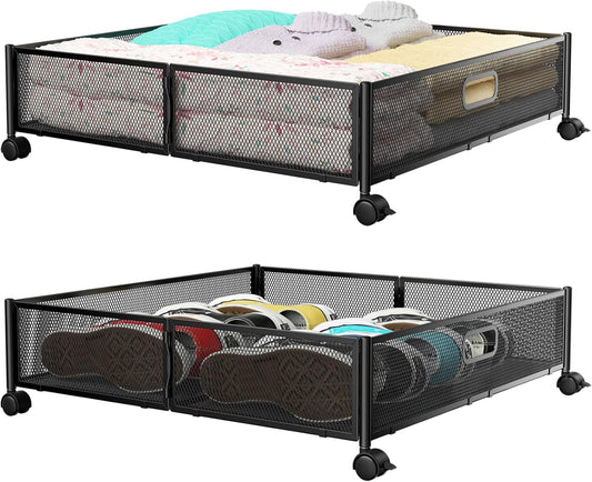 PHINOX Under Bed Storage Containers with Wheels - Shoe Storage Organizer Drawer, Tool-free Assembly Metal Underbed Storage for Bedroom Clothes, Shoes, Blankets - 2Pack