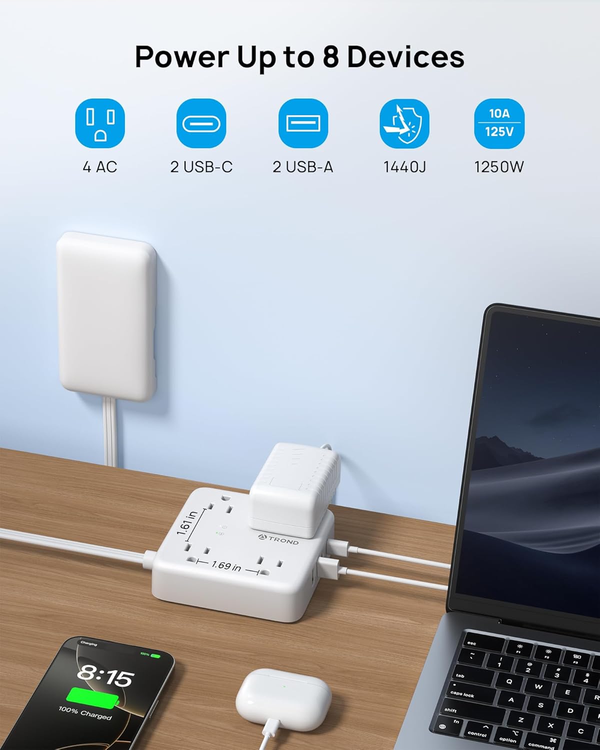 TROND Flat Plug Power Strip with Outlet Cover - 10ft Extension Cord with Multiple Outlets and 4 USB Ports, Mountable Surge Protector Outlet Concealer, Kitchen Home Improvement for Hide Messy, White