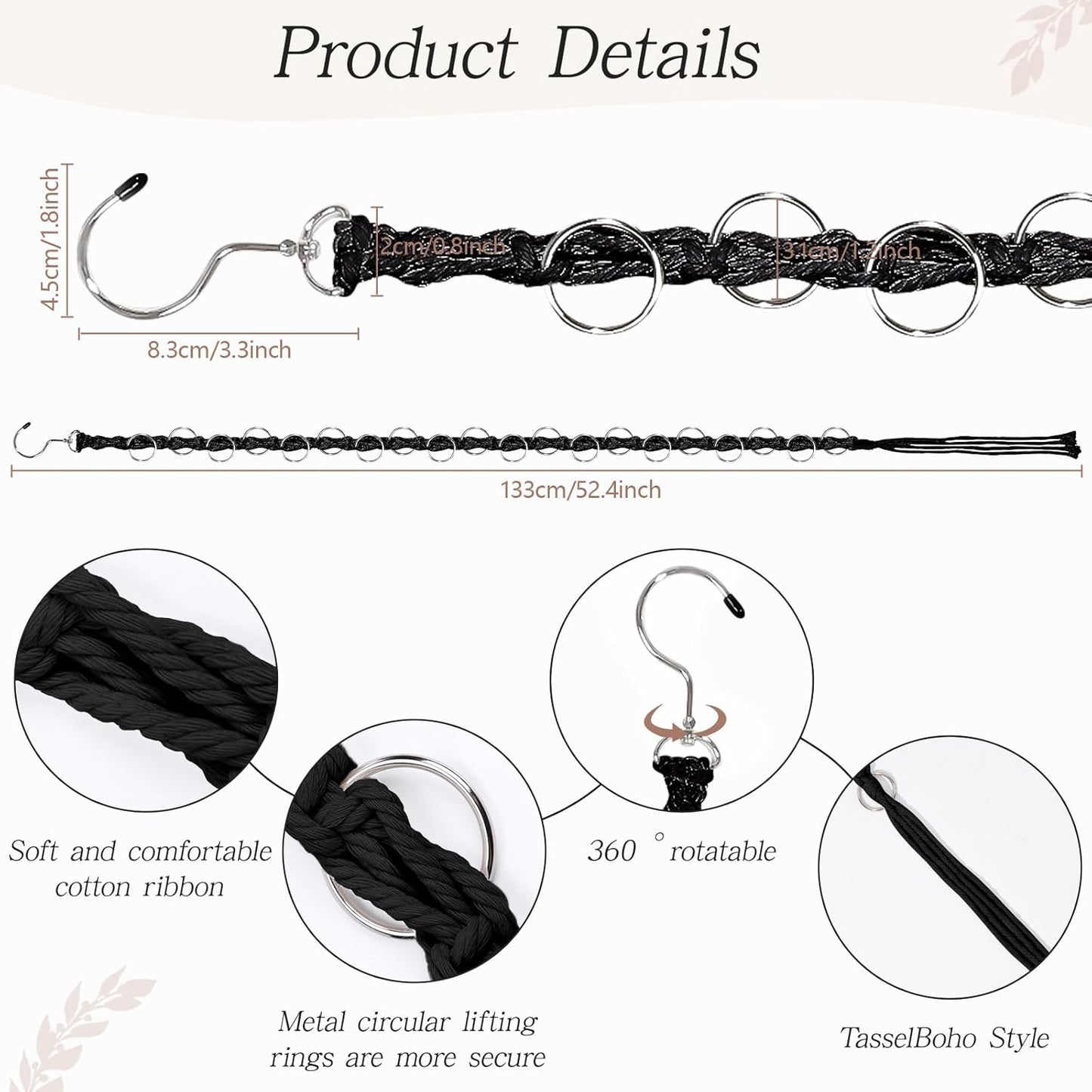 SNOWSTAR Macrame Hair Claw Clip Organizer with Rotating Hook and 20 Metal Rings,Hanging Hair Clip Holder and Storage for Women Girls,Claw Clips Hanger Home Decor for Wall,Door,Closet (Black1PCS)