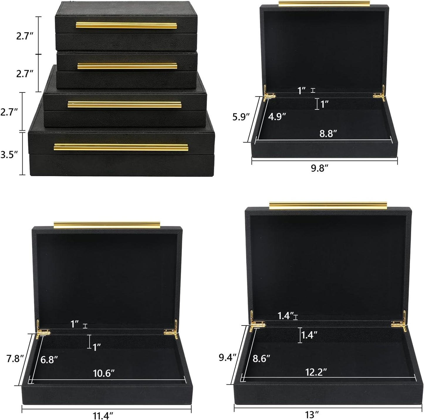 Faux Shagreen Leather Jewelry Boxes Set of 4 with Gold Handles, Stackable Decorative Storage Organizer for Rings, Earrings, Vanity, Dresser, Black