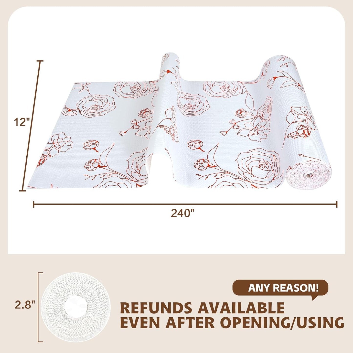 Shelf Liners for Kitchen Cabinets 12in x 20FT Non Adhesive Drawer Liner Red and White Floral Thickened Shelf Liner Paper Strong Non-Slip Easy to Clean for Tool Box with Knife and Tape Measure