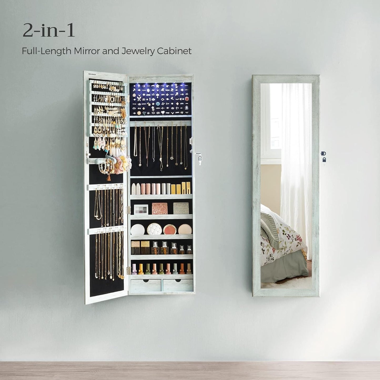 SONGMICS 6 LEDs Mirror Jewelry Cabinet, 47.2-Inch Tall Lockable Wall or Door Mounted Jewelry Armoire Organizer with Mirror, 2 Drawers, Christmas Gift, 3.9 x 14.6 x 47.2 Inches, Rustic Green