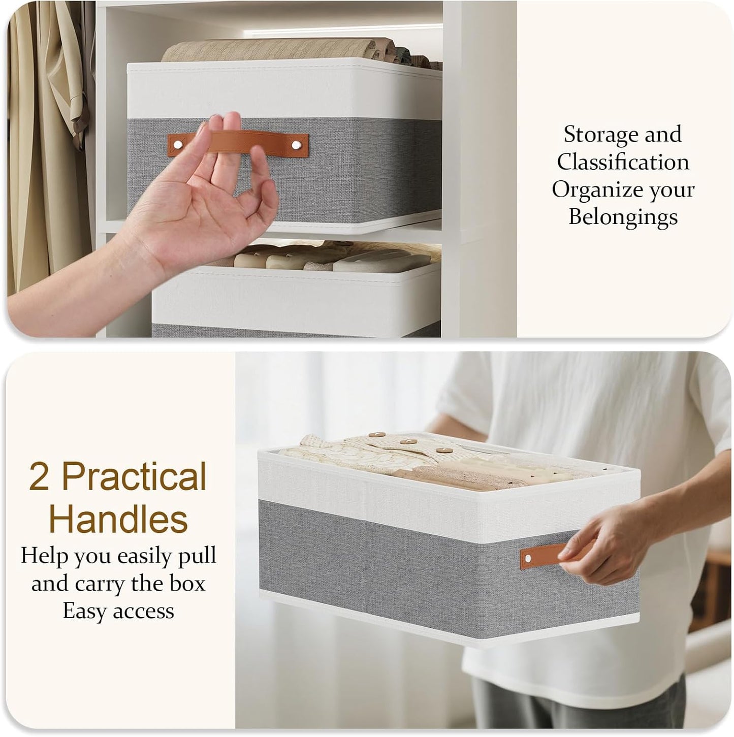 Storage Boxes, 16.1 × 9.8 × 6.5 Inch Storage Baskets with Handles, Fabric Cube Organizer Bins for Shelves Bedroom Laundry, White and Grey, 4-Pack