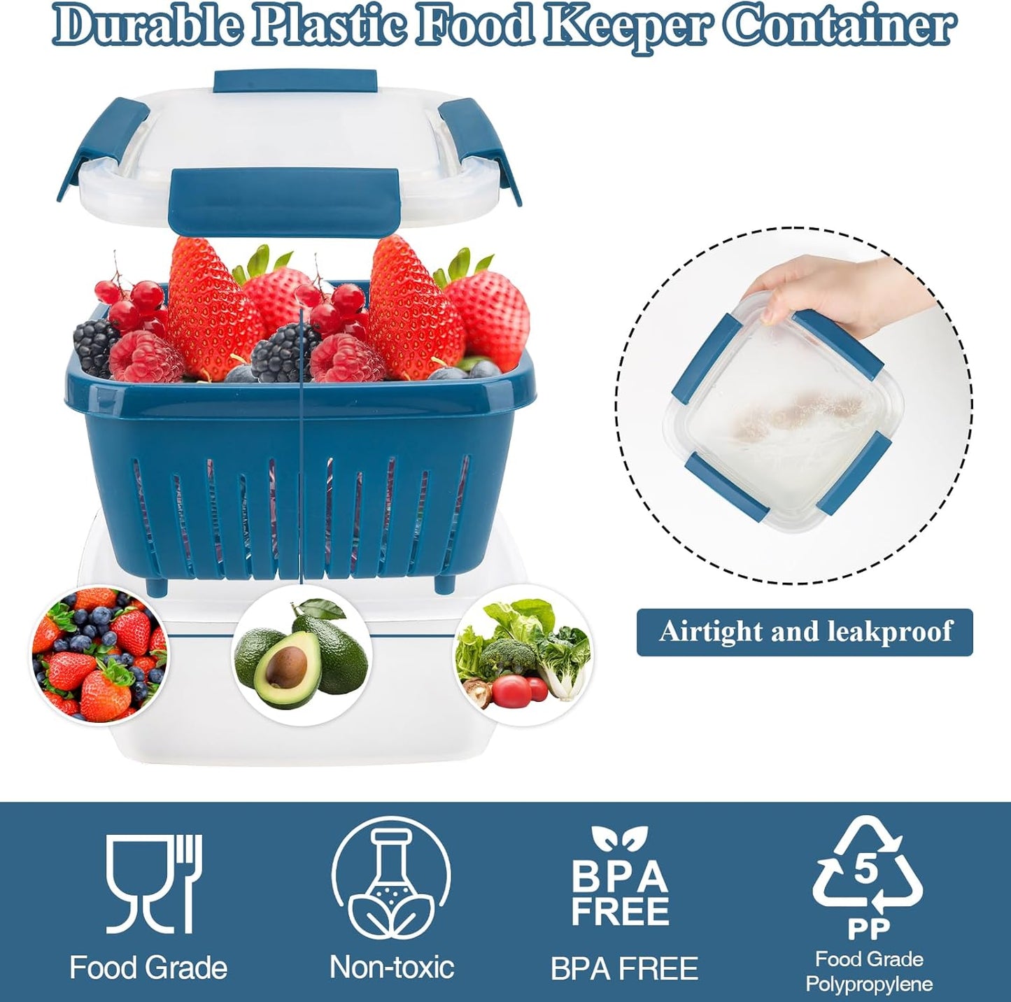 50oz Berry Keeper Fruit Storage Container for Fridge, Fresh Food Produce Saver Containers with Removable Drain Colanders, Vegetable Lettuce Keeper Bowl, Refrigerator Organizer, PRESS TO OPEN CLOSE LID