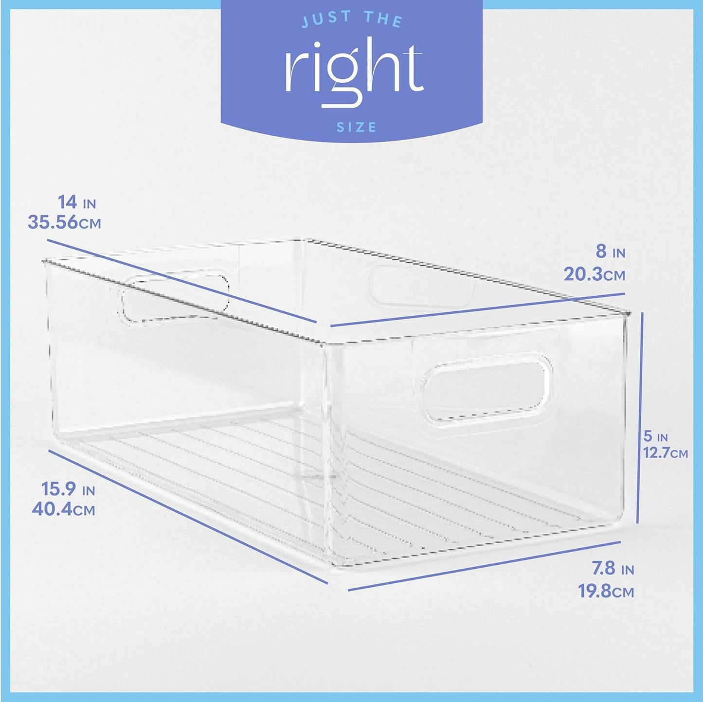 primebox Plastic Food Storage 4 Pack Clear Container Bin with Handles for Organizing Kitchen, Pantry, Refrigerator, Freezer, Pantry, Cabinet, Closet, Bathroom. 14”x8”x5”