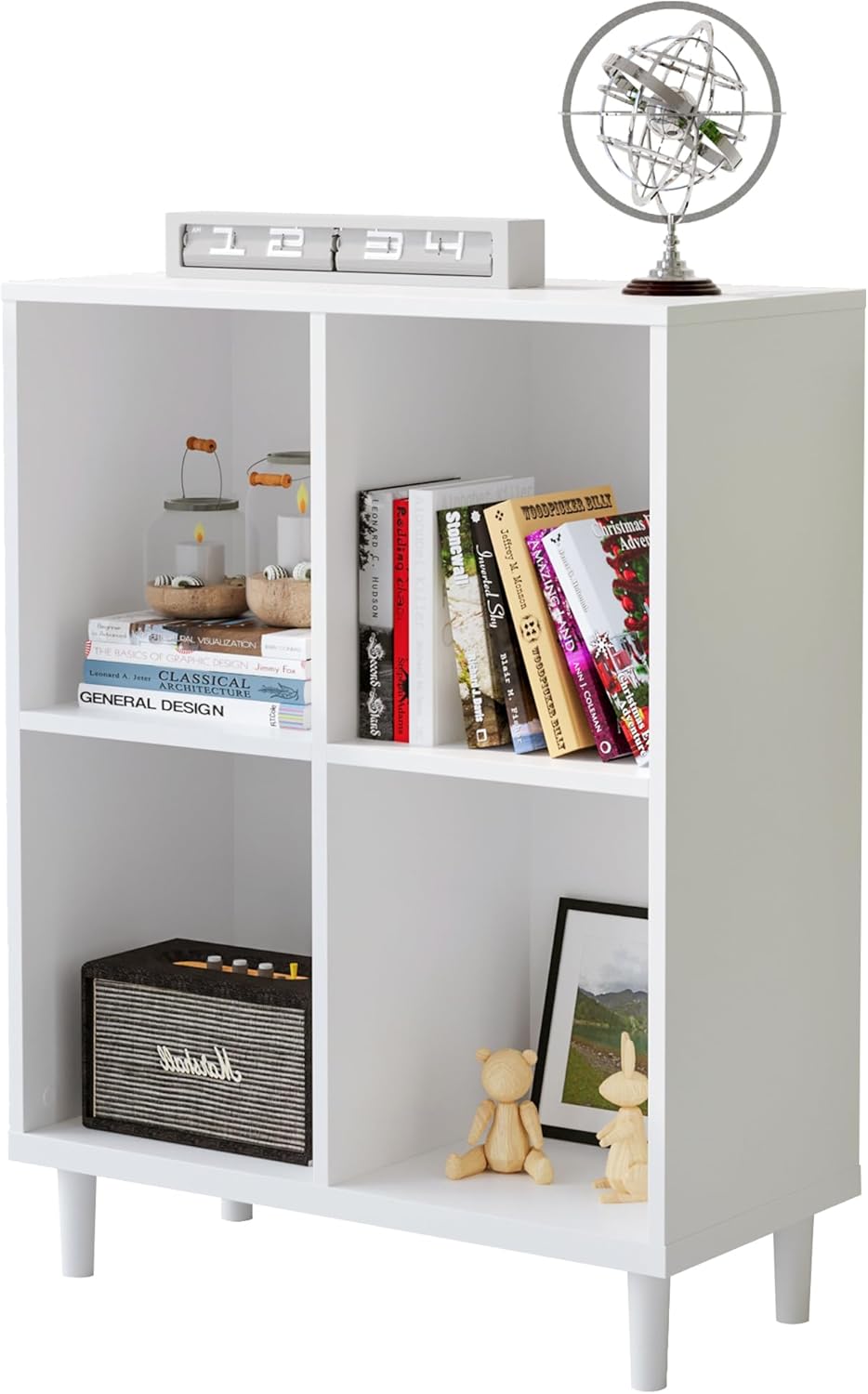 Wood Cube Storage Organizer White Bookshelf - 2-Tier Freestanding Storage Cabinet with Legs for Home Office, 4-Cubes Open Shelf