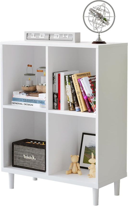 Wood Cube Storage Organizer White Bookshelf - 2-Tier Freestanding Storage Cabinet with Legs for Home Office, 4-Cubes Open Shelf