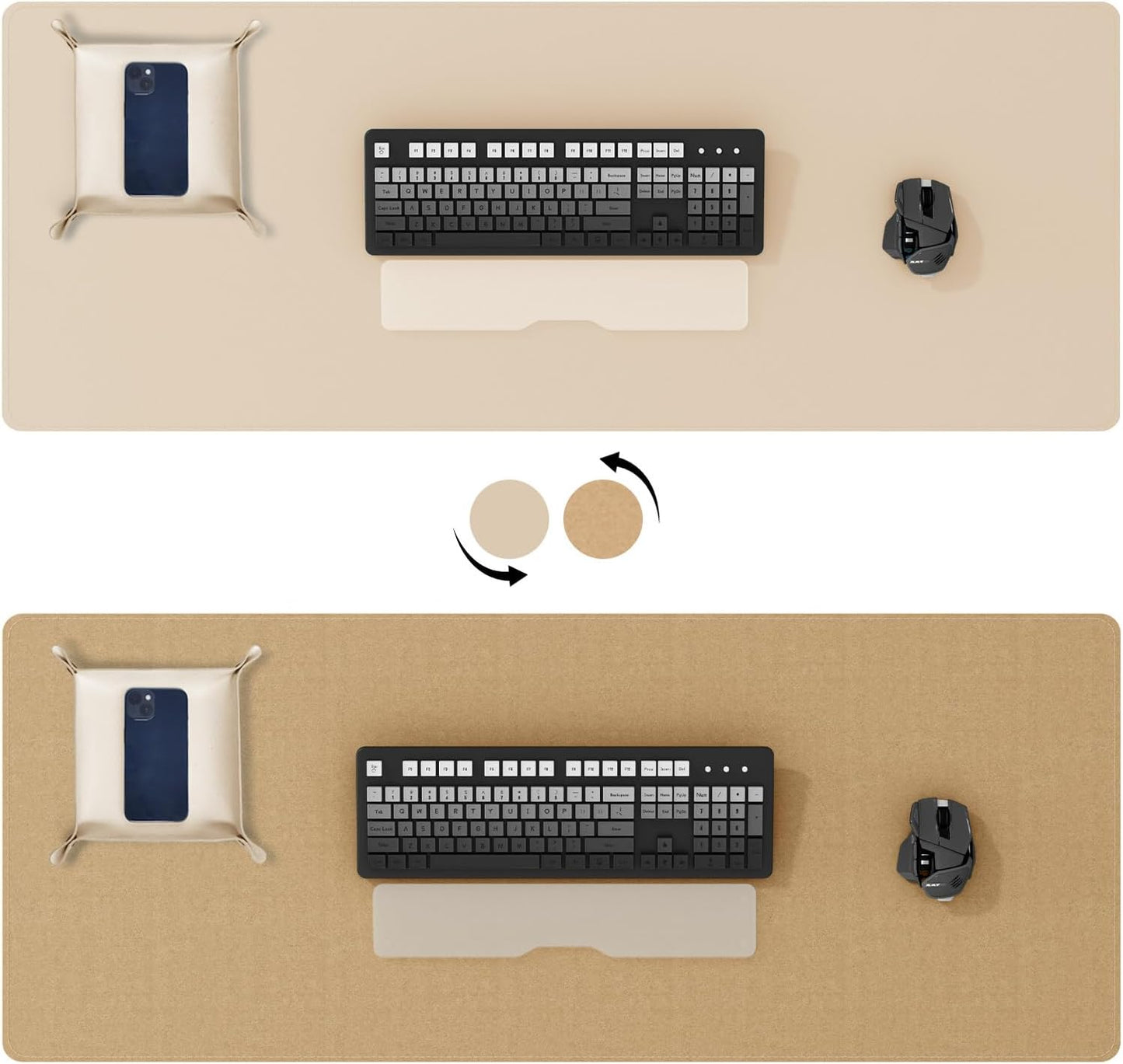 DAWNTREES Dual Sided Desk Mat,Leather Desk Pad,40"x16",Cork Desk Mat Protector,with PU Leather Valet Tray Organizer,Large Mouse Pad,Desk Writing Pad for Office and Home(Khaki)