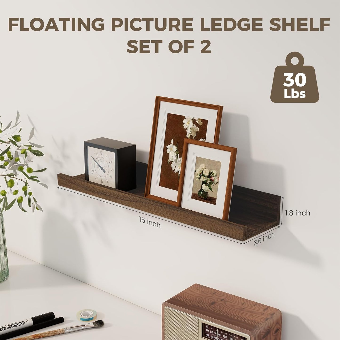 Axeman Floating Shelves for Wall | Picture Ledge Shelf Set of 2 | Rustic Walnut Picture Shelf for Wall with Ledge | Small Floating Shelves with Lip | Photo Ledge Shelves for Books Album Records