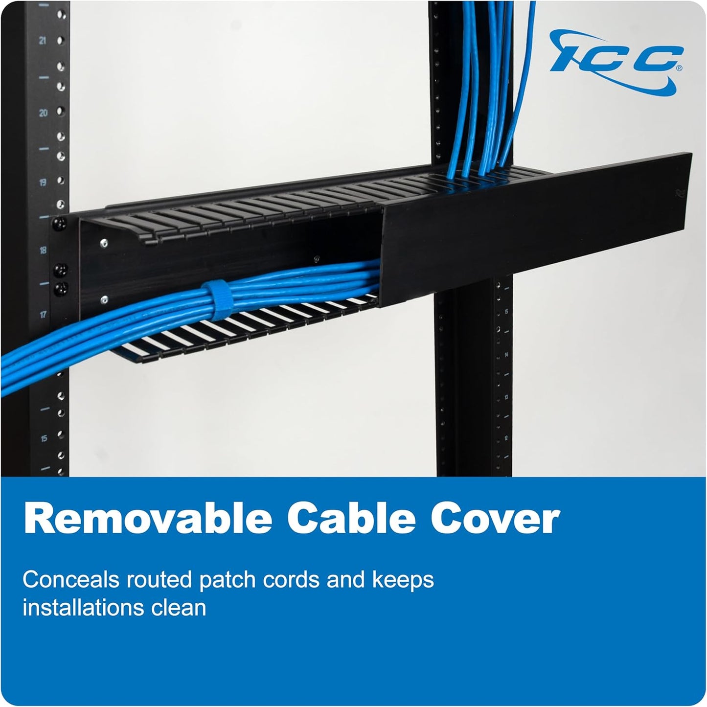 ICC 2U Finger Duct Cable Manager Panel with Cover, Plastic with Metal Back Frame, 3" Depth, Horizontal Cable Management, Rackmount for 19” Network Racks, Black, Single Pack