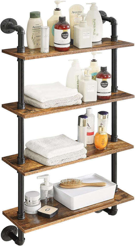 YMYNY Industrial Pipe Shelf Bracket, 4 Tiers Retro Wall Mounted Floating Shelf, Wood DIY Bookshelf, Storage Shelves for Living Room, Bedroom, Office, 24" Farmhouse Bathroom Shelving, UHWS002H