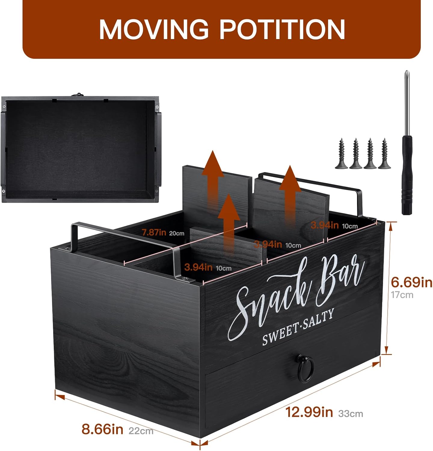 Snack Organizer for Countertop, Wood Snack Basket Snack Tray with Handles, 5 Compartment Pantry Storage Bins with Drawer, Food Container Snack Box for Snacks, Chips, Packets