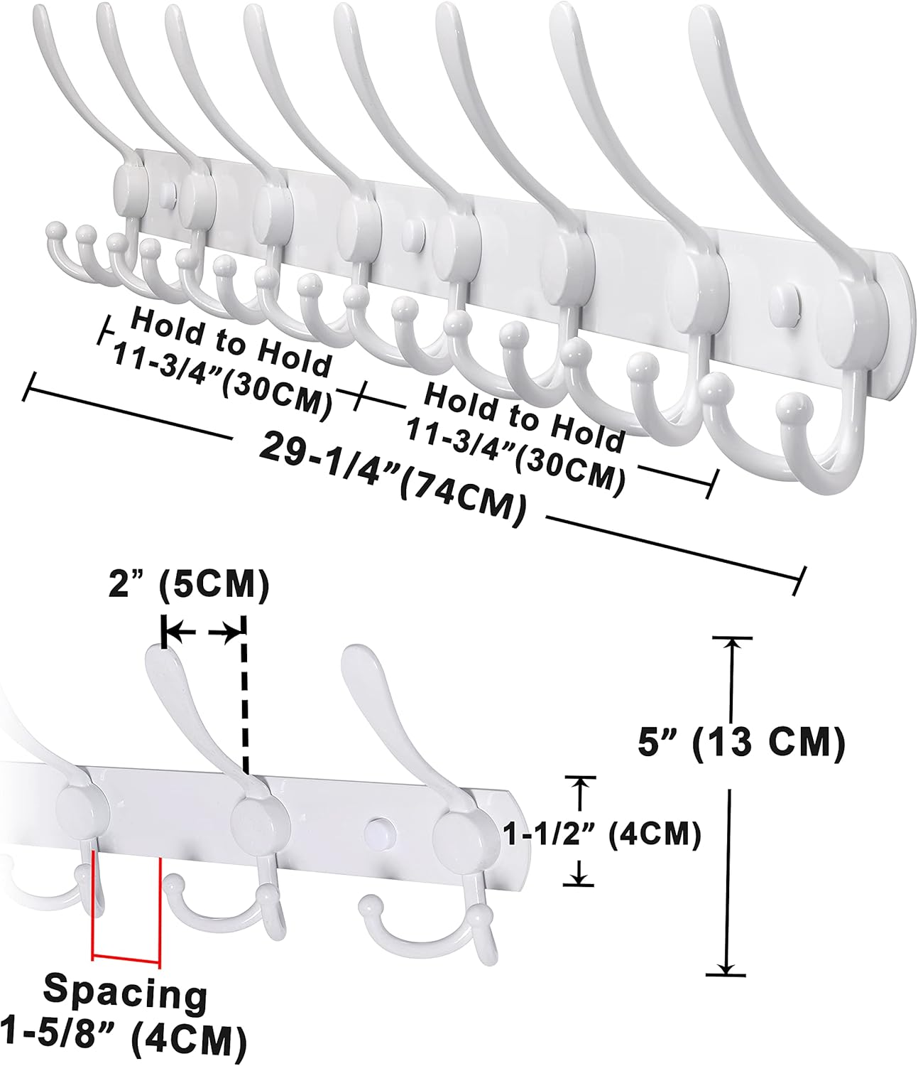 Dseap Coat Rack Wall Mount - 29.5” Long 8-Tri-Hooks Heavy Duty Coat Hanger Rail Wall Hooks for Hanging Coats Hats Clothing Clothes Purse Mudroom Entryway, White, Pack of 2