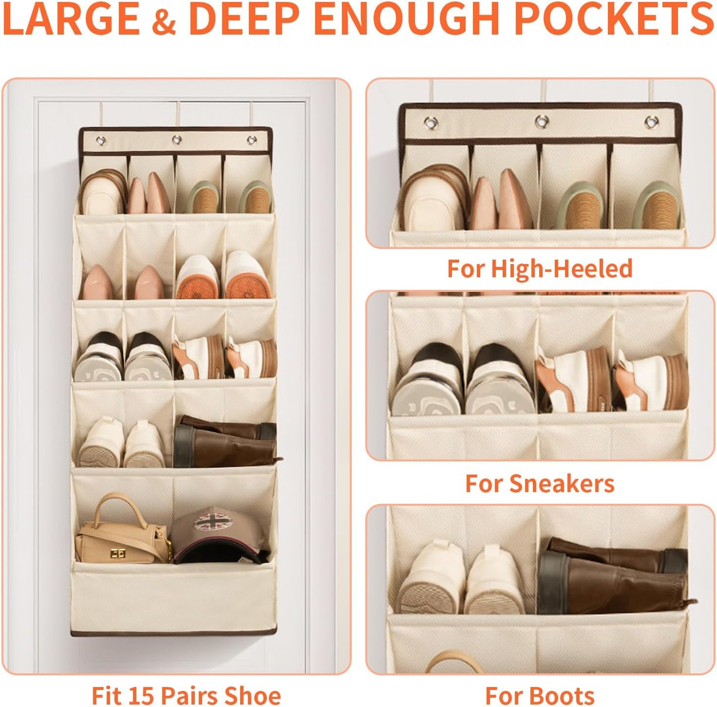 FENTEC 1 Pack Over the Door Shoe Organizers, Hanging Shoe Organizer with Large Deep Pocket Shoe Holder for Closet Shoes Rack for Wall, Over Door Shoe Storage Hold up to 18 Pairs Shoes, Beige