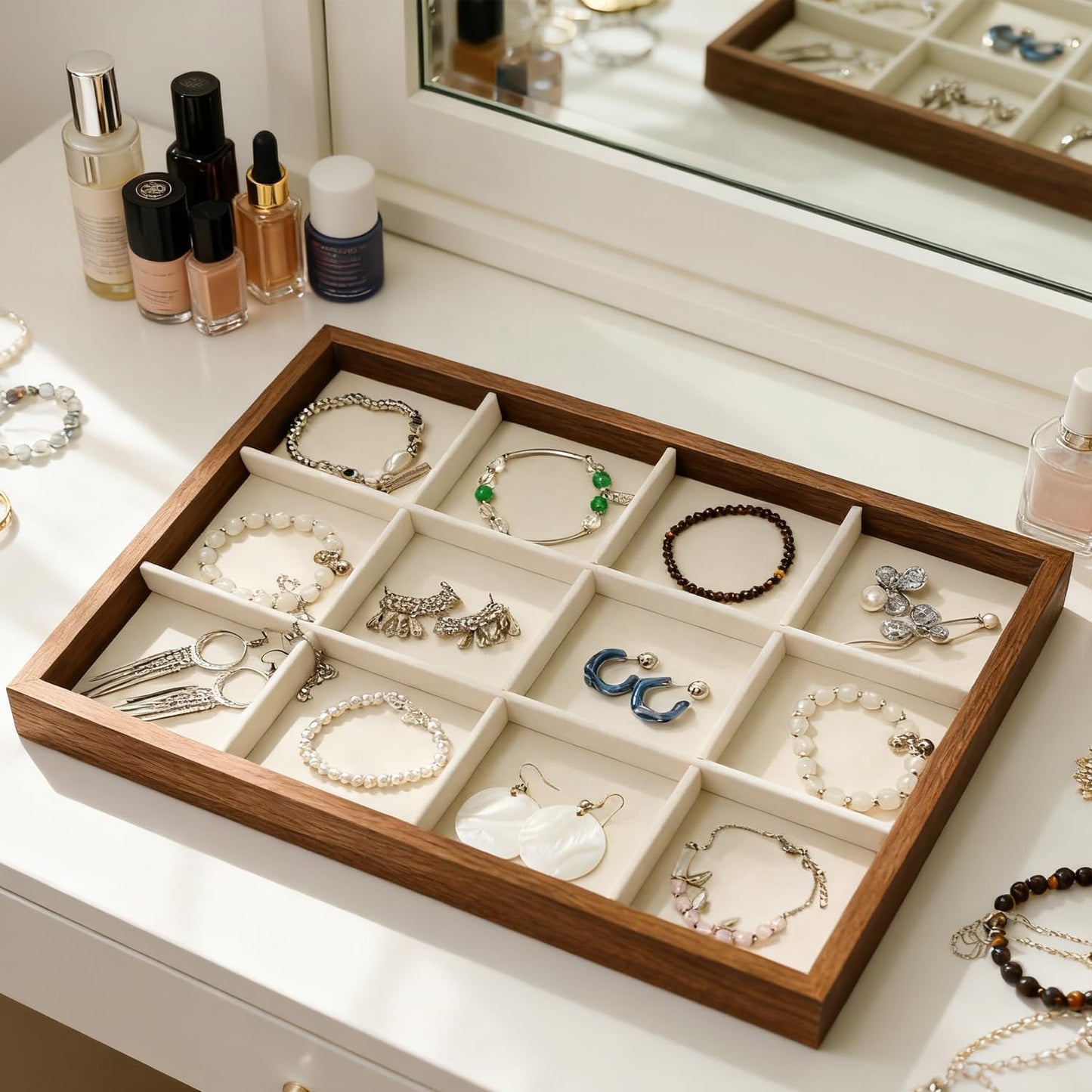 Large Jewelry Trays for Drawers Stackable Velvet Jewelry Display for Vendors Jewelry Drawer Organizer Inserts for Rings Necklace Bracelets Earrings and Studs Earring (Beige, 12 Grid)