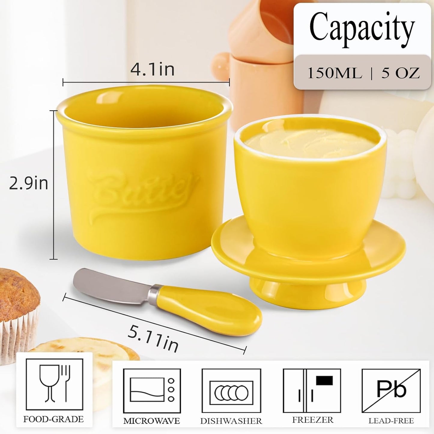 Ceramic Butter Crock with Lid & Spreader Knife, Butter Keeper - Ideal Butter Storage & Countertop Butter Dish, Yellow