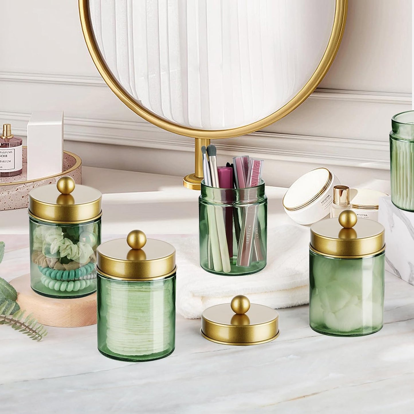 Amolliar Sage Green Glass Apothecary Jar, Qtip Holder Metal Lid & Stickers, Bathroom Qtip Holder Storage Canister, Farmhouse Decor for Cotton Balls, Swabs, Round Pads, Bath Salt, Floss, Gold 1 Pack