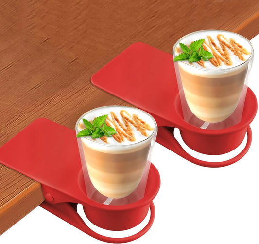 Kalolary 2-Pack Table Edge Cup Holder - Versatile Clip for Drinking Cups, Mugs & Bottles - Ideal for Home, Office & School (Red)