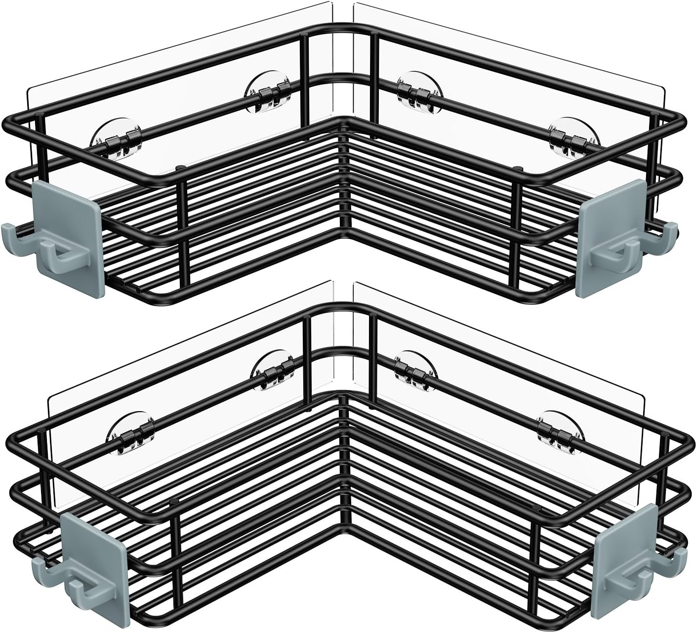 Nieifi Adhesive Corner Shower Caddy Shelf Basket Rack with Hooks, Rust Proof Stainless Steel Bathroom Shelf Shampoo Holder No Drilling (Black)