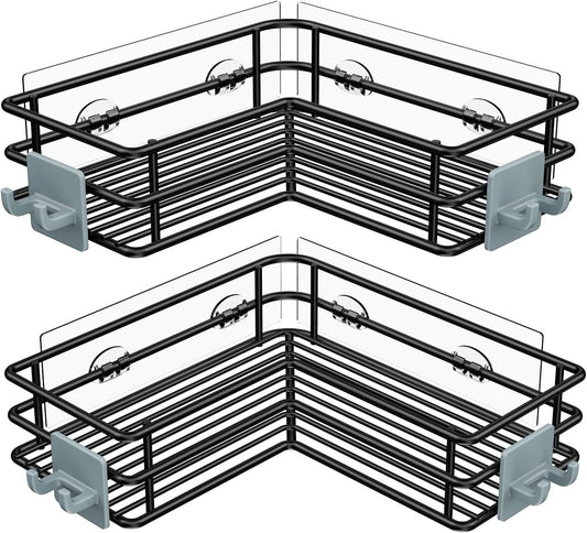 Nieifi Adhesive Corner Shower Caddy Shelf Basket Rack with Hooks, Rust Proof Stainless Steel Bathroom Shelf Shampoo Holder No Drilling (Black)
