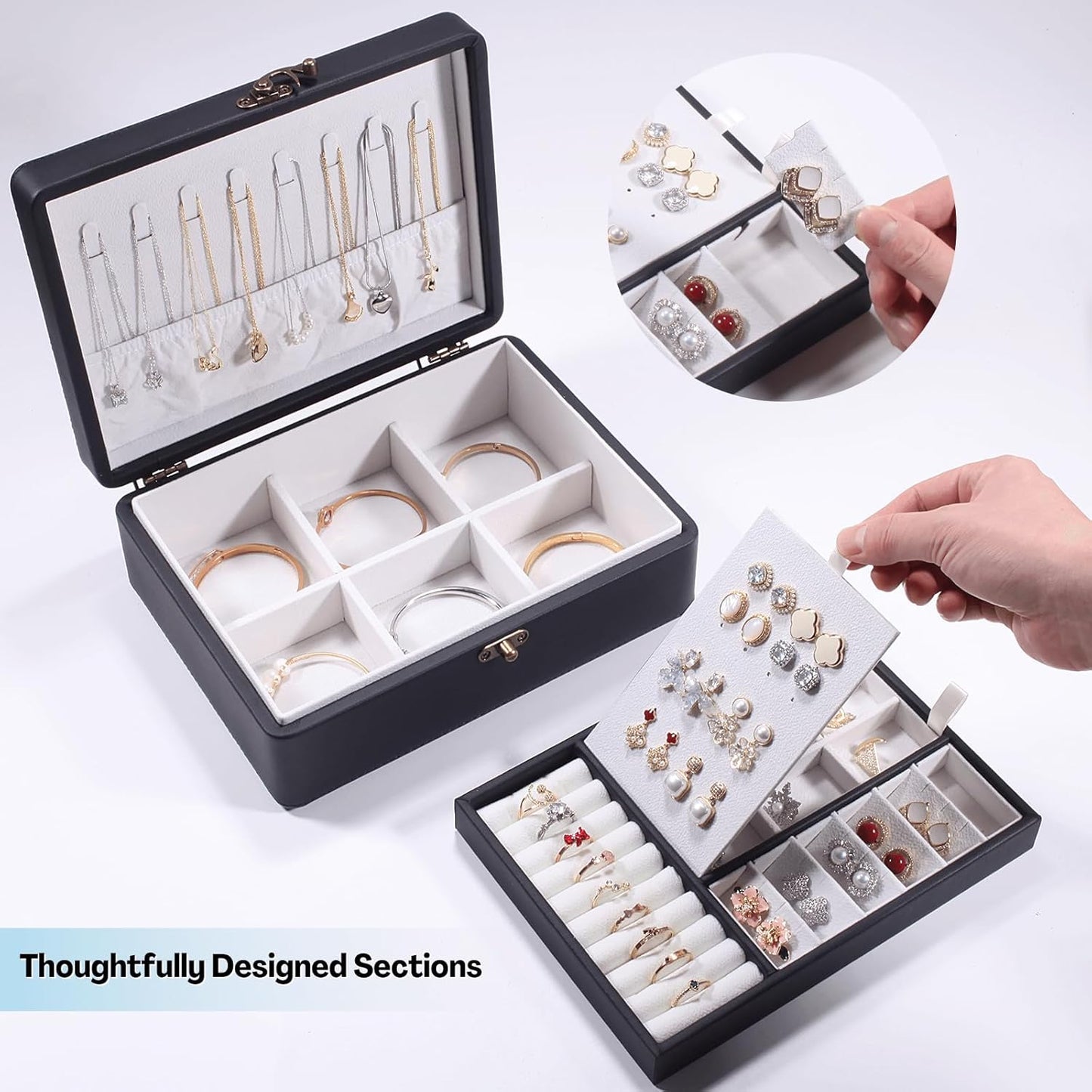 LAMOTI 2-Layer Jewelry Box for Women, Floating Effect Leather Jewelry Organizer with Detatchable Tray for Rings, Earrings, Necklaces & Bracelets (Black)