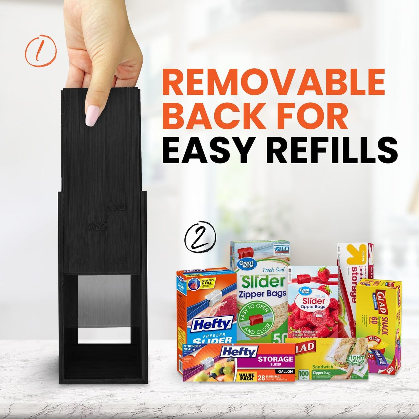 Bag Storage Organizer - Bamboo Food Plastic Baggie Holder, Dispenser, and Container for Kitchen Drawer - Fits Major Brand's Gallon, Quart, Sandwich & Snack Sized Slider Bags (Black)