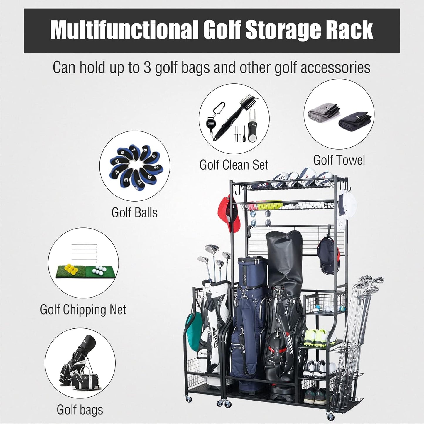 Mythinglogic Golf Bag Storage Garage Organizer,2 Golf Bags Storage Stand and Golfing Equipment Accessories Storage Rack with 4 Removable Hooks, Extra Golf Clubs Display Rack
