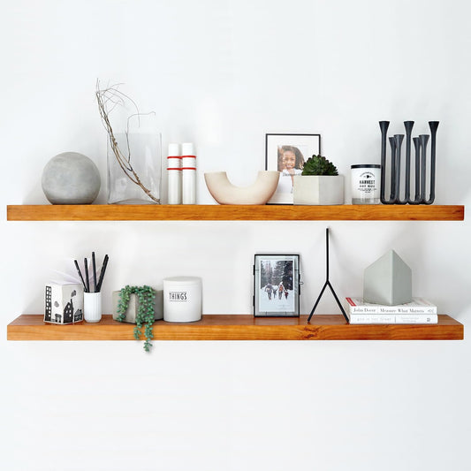 Homeforia 48 inch Oak Floating Shelf, High End Solid Real Wood 48inch Floating Shelves for Wall Mounted, Honey Oak Wooden 48in Large Floating Shelves, Heavy Duty Bracket, 48 X 6.5 X 1.75 in, Set of 3