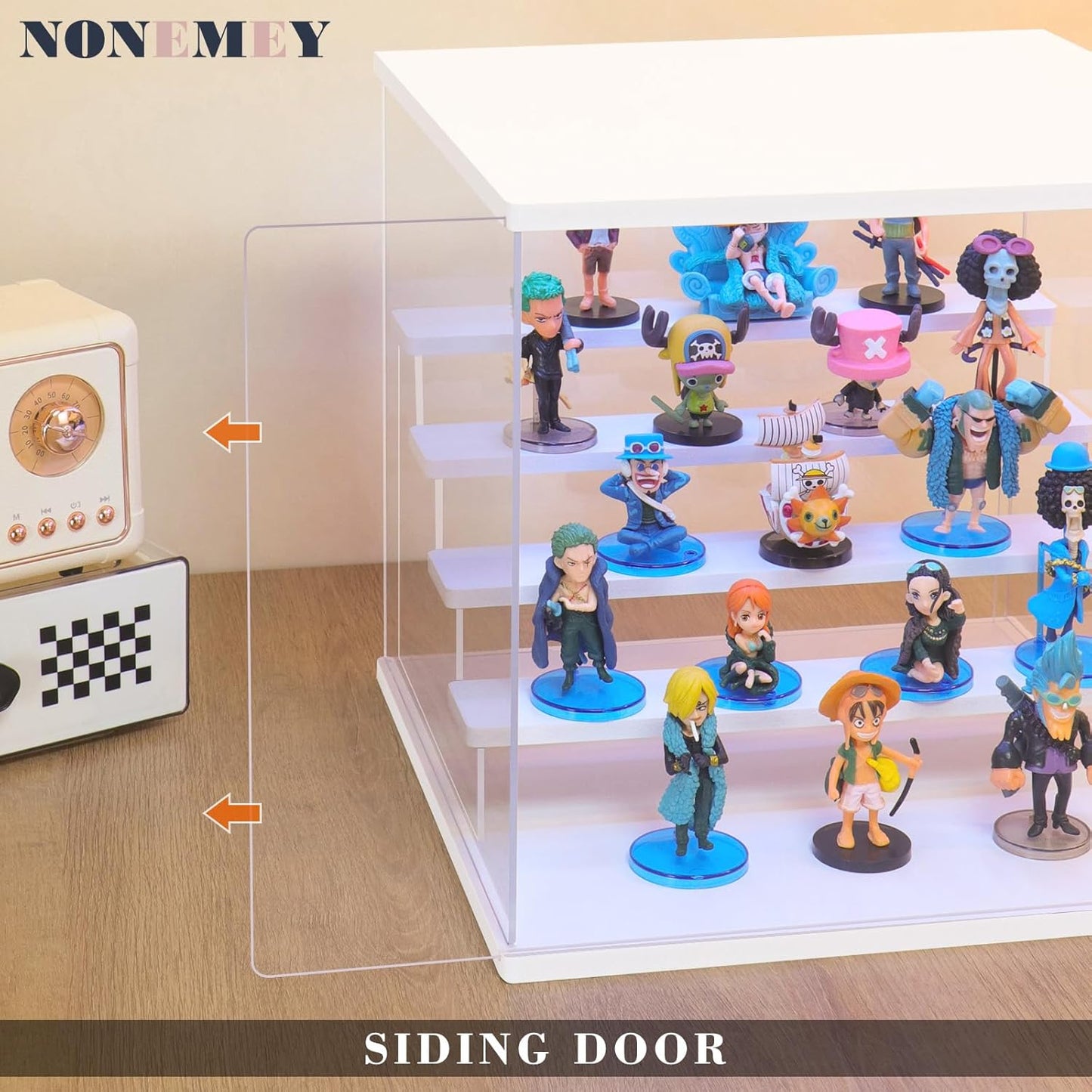 NONEMEY Clear Acrylic Display Case with Light ,3 Tier Multiple Color Lights via Remote Control Dustproof Display Box for Collectibles Figures Mini Toys (White 3Tier 12.4*7*9inch)
