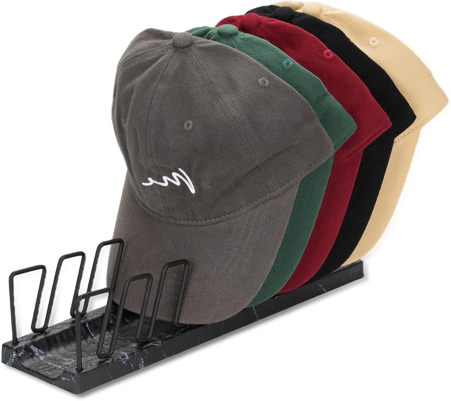 Hat Organizer for Baseball Caps - 7 Cap Organizer & Holder, Anti-Tip Metal Hat Rack & Display Stand, Quick-Install Hat Storage for Closet, Bedroom, Vanity (Black Marble Pattern, 1 Pack)