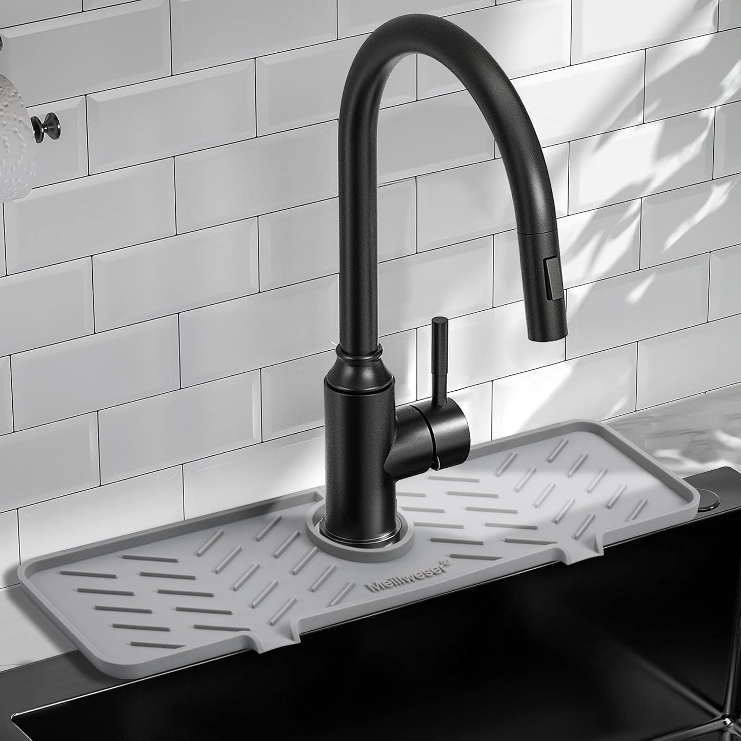 Meiliweser Silicone Faucet Mat for Kitchen Sink – Gen 2 Splash Guard with Upgraded Outlet & Slope – 18” x 5.1” Water Catcher & Sink Sponge Holder for Kitchen and Bathroom (Gray)