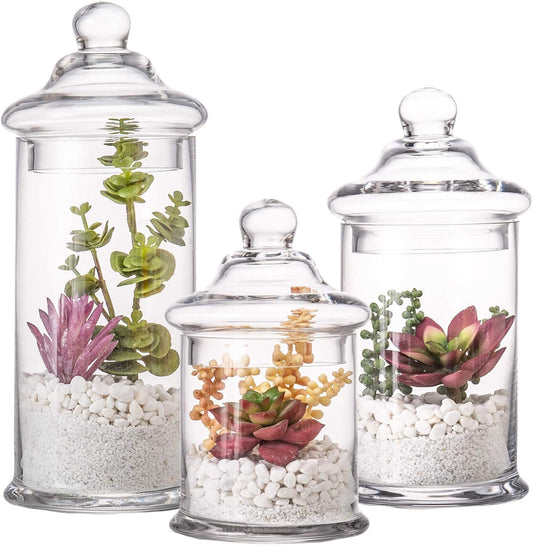 Set of 3 Glass Apothecary Jars with Lids, Clear Bathroom Storage Organizer Canister Set for Qtips, Cotton Swabs, Cotton Balls, Bath Salts (H: 11", 8.5", 7.5", D: 5"; 23 FL.OZ, 34 FL.OZ and 45 FL.OZ)