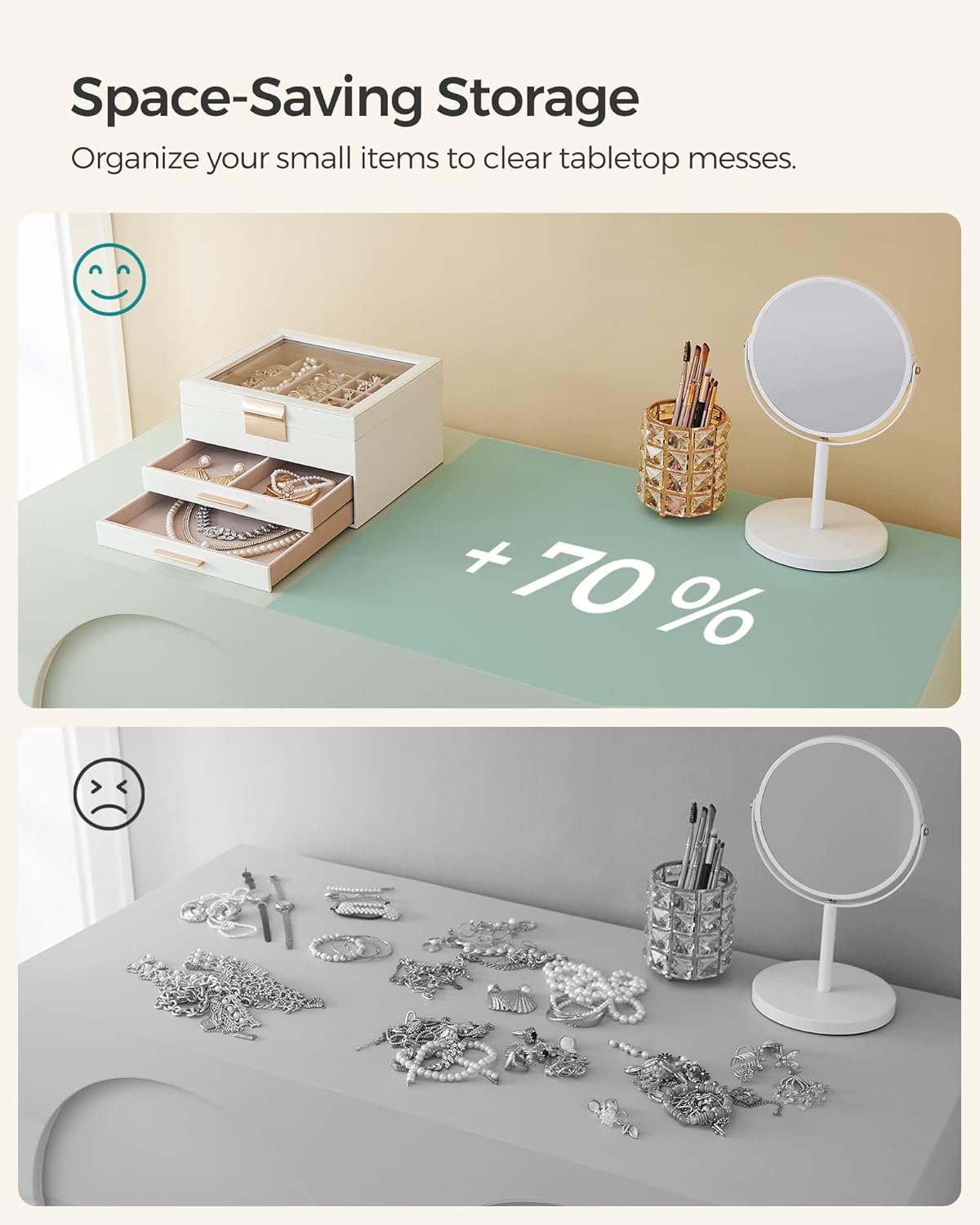 SONGMICS Jewelry Box Organizer with Glass Lid, 3-Layer Jewelry Storage, with 2 Drawers, Modern Style, Christmas Gift, 8 x 9.1 x 5.3 Inches, Cloud White and Gold Color UJBC239WT