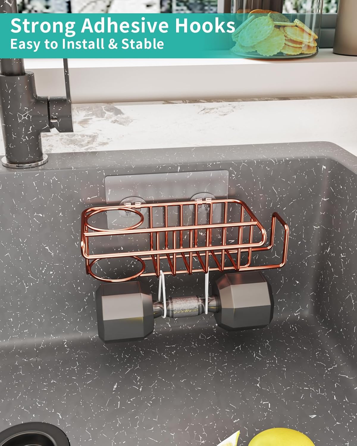 HapiRm Sponge Holder for Kitchen Sink, No Drill Kitchen Sink Caddy Organizer, Rustproof and Waterproof Dish Sponge Holder - Rose Gold