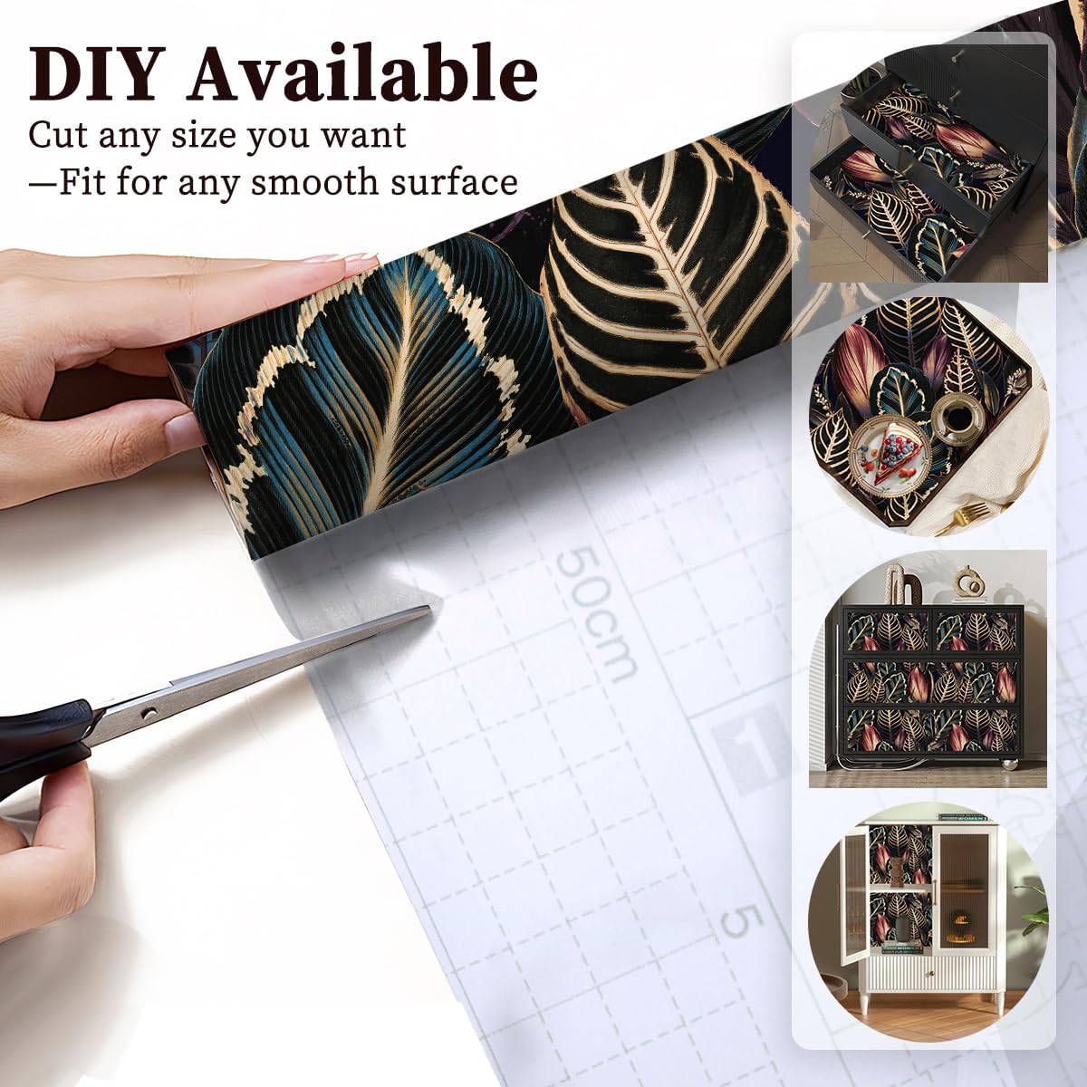 Floralplus Shelf Liner for Kitchen Cabinet, Self Adhesive Drawer and Cabinet Liner, Botanical Contact Paper, Waterproof Countertop Cupboard Dresser Liners 17.7 x 78.7 in