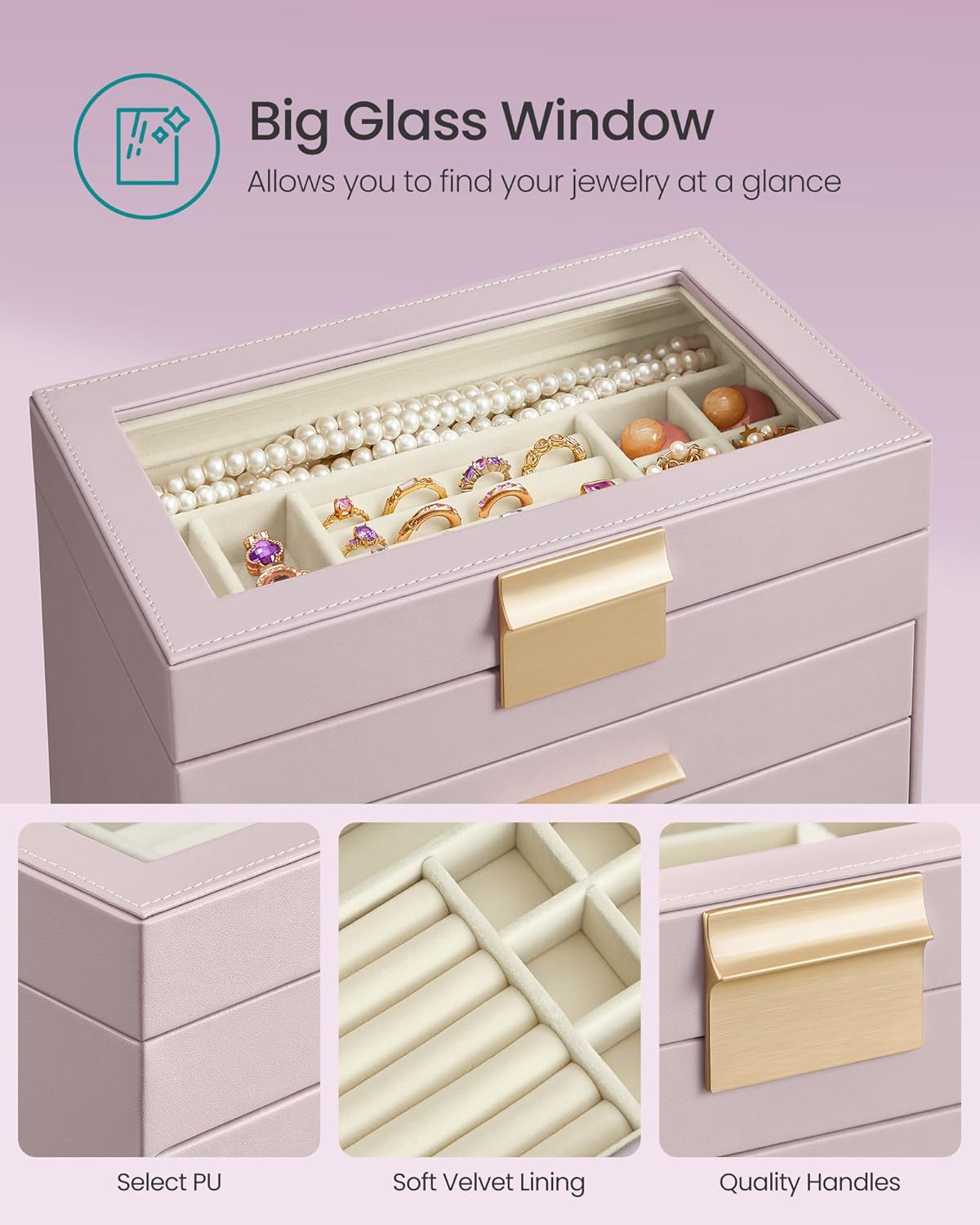 SONGMICS Jewelry Box Organizer with Glass Lid, 4-Layer Jewelry Storage, with 3 Drawers, Modern Style, Christmas Gift, 6 x 9.9 x 8.5 Inches, Lavender Purple and Gold Color UJBC161P01