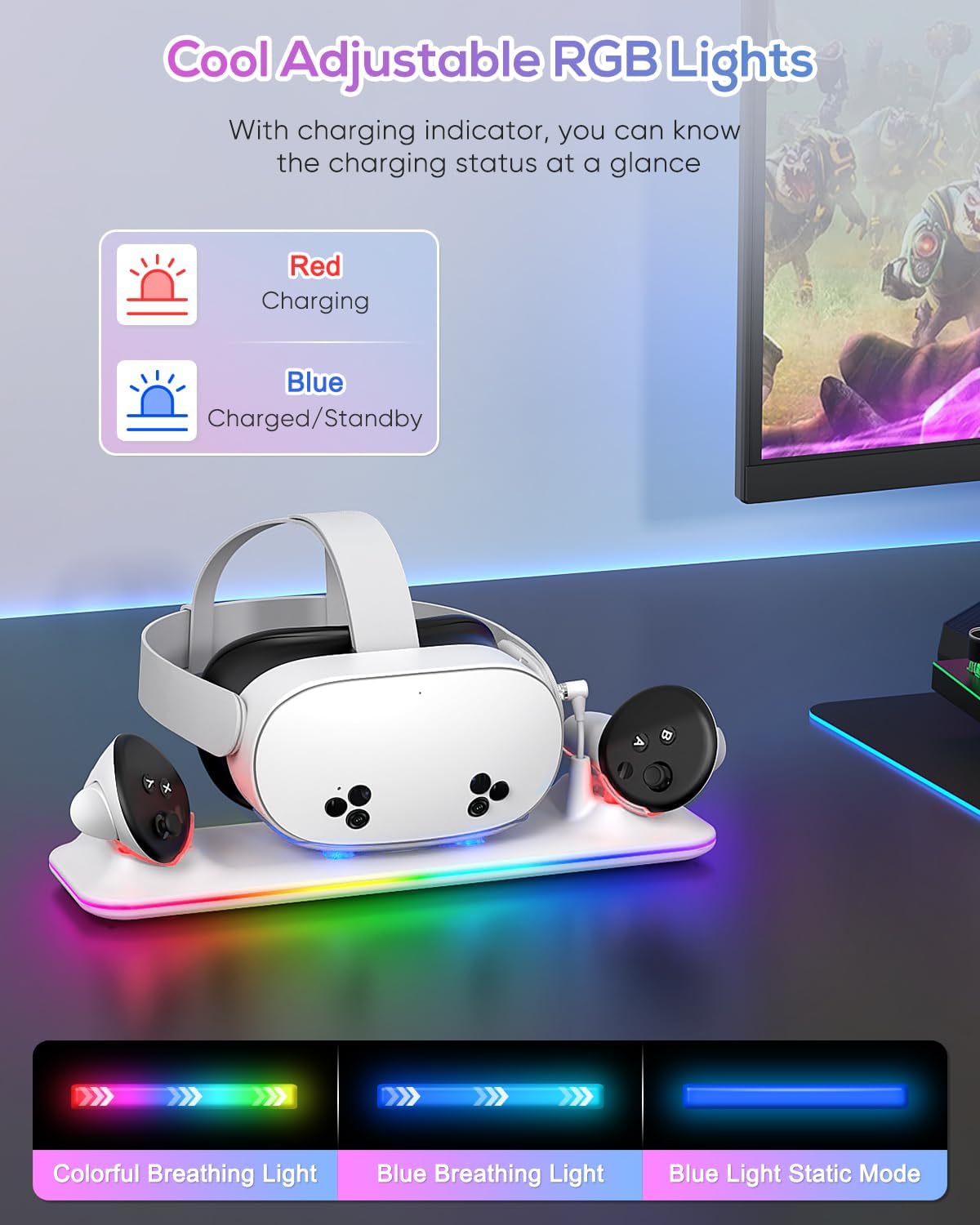 Charging Dock for Meta Quest 3S/Quest 3, Kinwin PD 18W Fast Charging Station for Oculus 3S Accessories with RGB Light, Magnetic Charger Stand for Headset/Controller with 2 Rechargeable Batteries