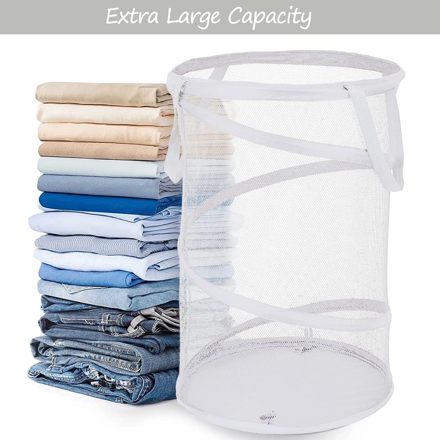 BATTOO Large Collapsible Laundry Basket Foldable Mesh Pop Up Hamper with Handles for Laundry Room, Bathroom, Kids Room, College Dorm, Travel, Storage Organizer White