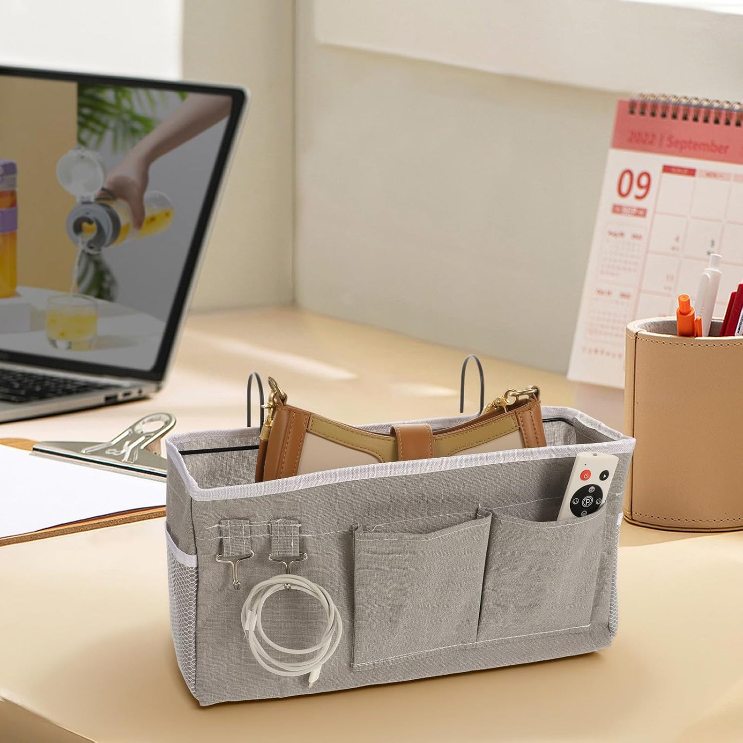 2 Pack Bedside Storage Caddy Organizer Bedside Hanging Storage Bag with Pockets for Headboards Bunk Beds Dorm Rooms Book Phone Magazine Holder Bunk bed Shelf Accessories (Grey)