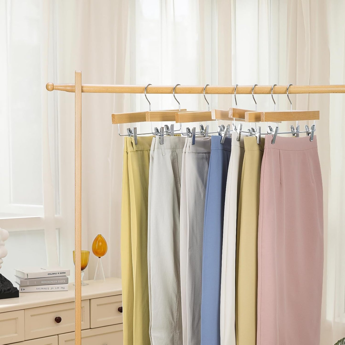 Nature Smile Deluxe Wooden Pants Hangers,Solid Lotus Wood Jeans Skirt Hanger with Clips Anti-Rust Hook Pack of 28（Natural）