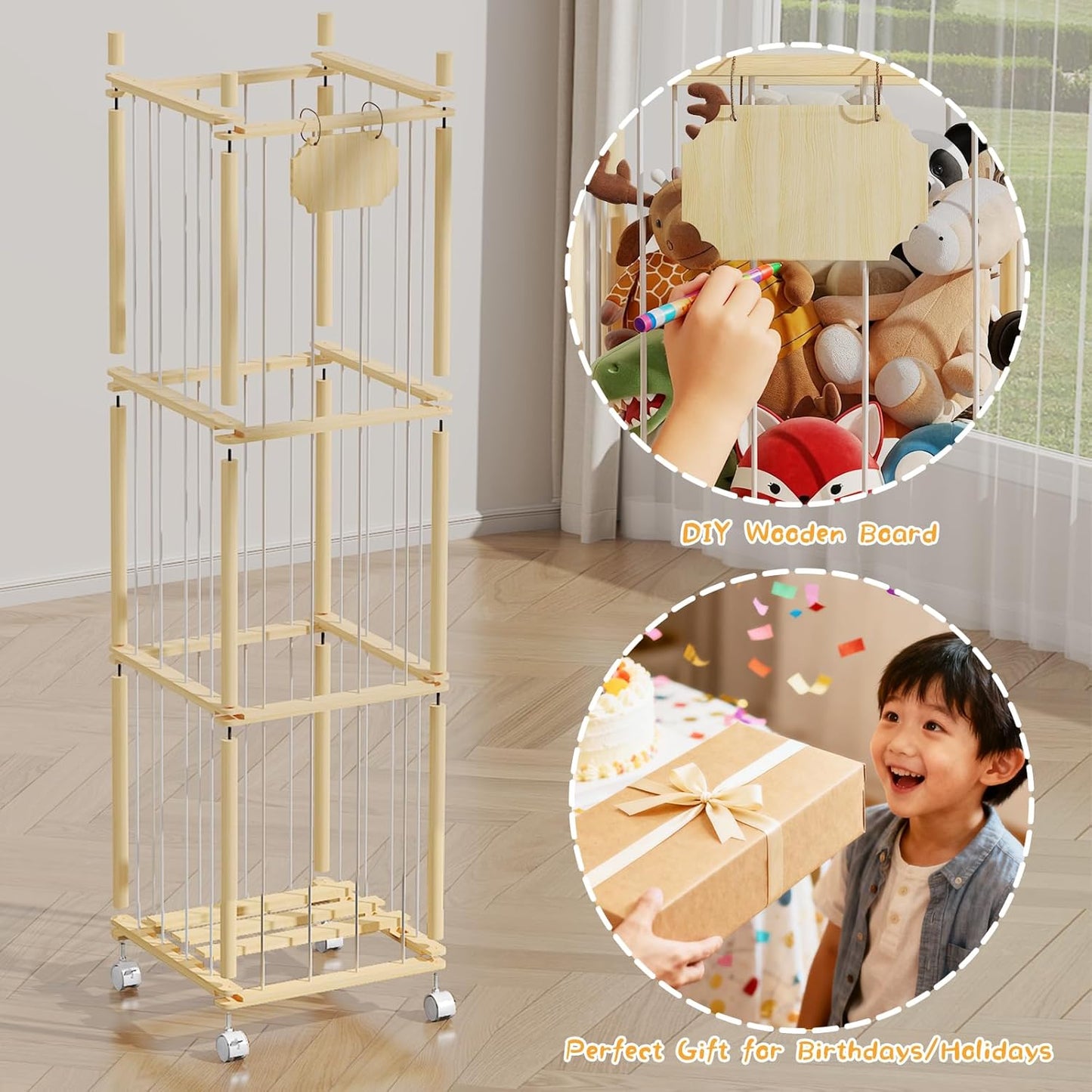 Stuffed Animal Storage, Wood Stuffed Animal Zoo with Wheels & Net, Toy Storage Organizer with Elastic Band, Large Capacity Toy Holder for Nursery, Playroom (3-Layers)