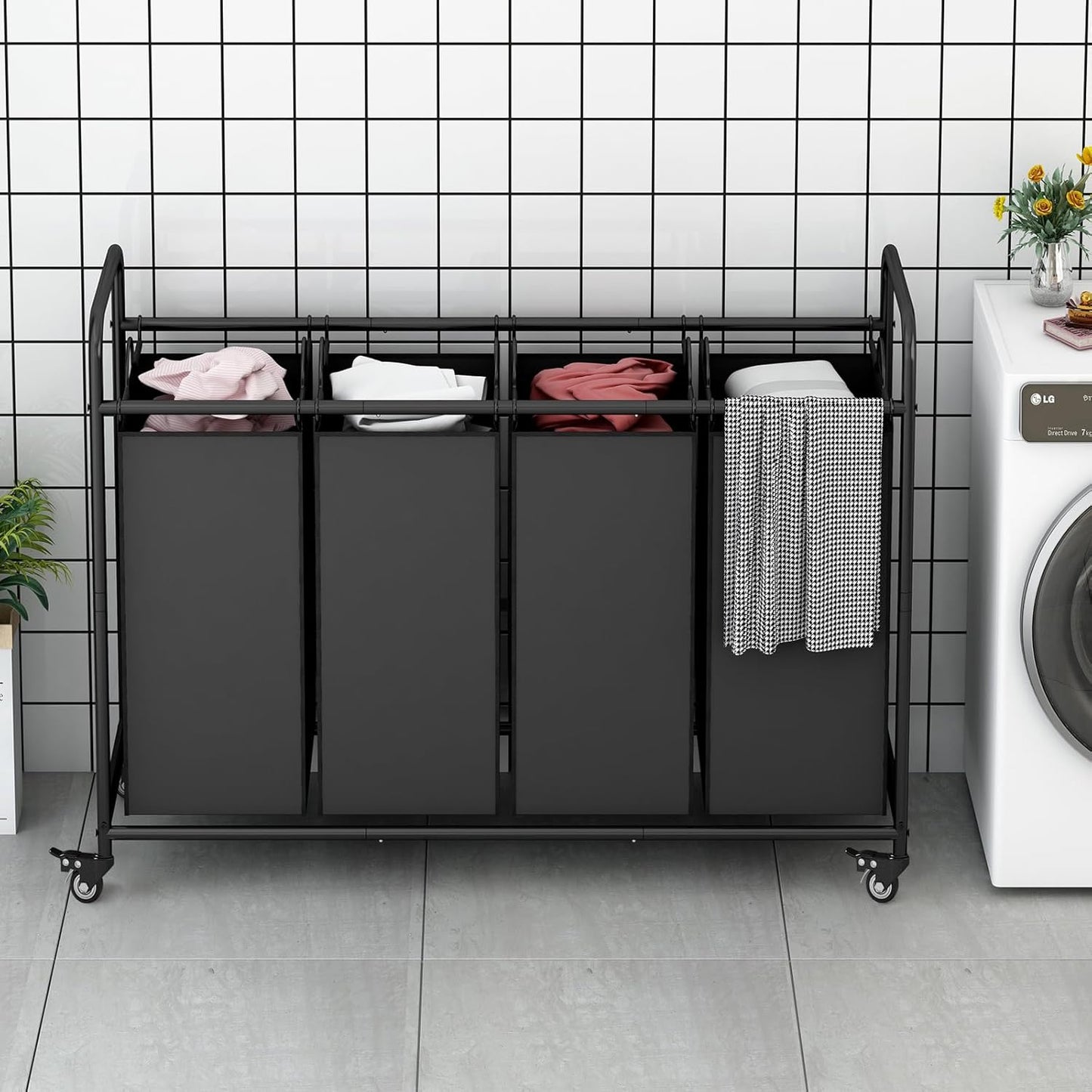 Laundry Sorter 4 Section Hamper Sorter with Heavy Duty Lockable Rolling Wheels Removable Bags Basket Separator for Dirty Clothes Storage,Black
