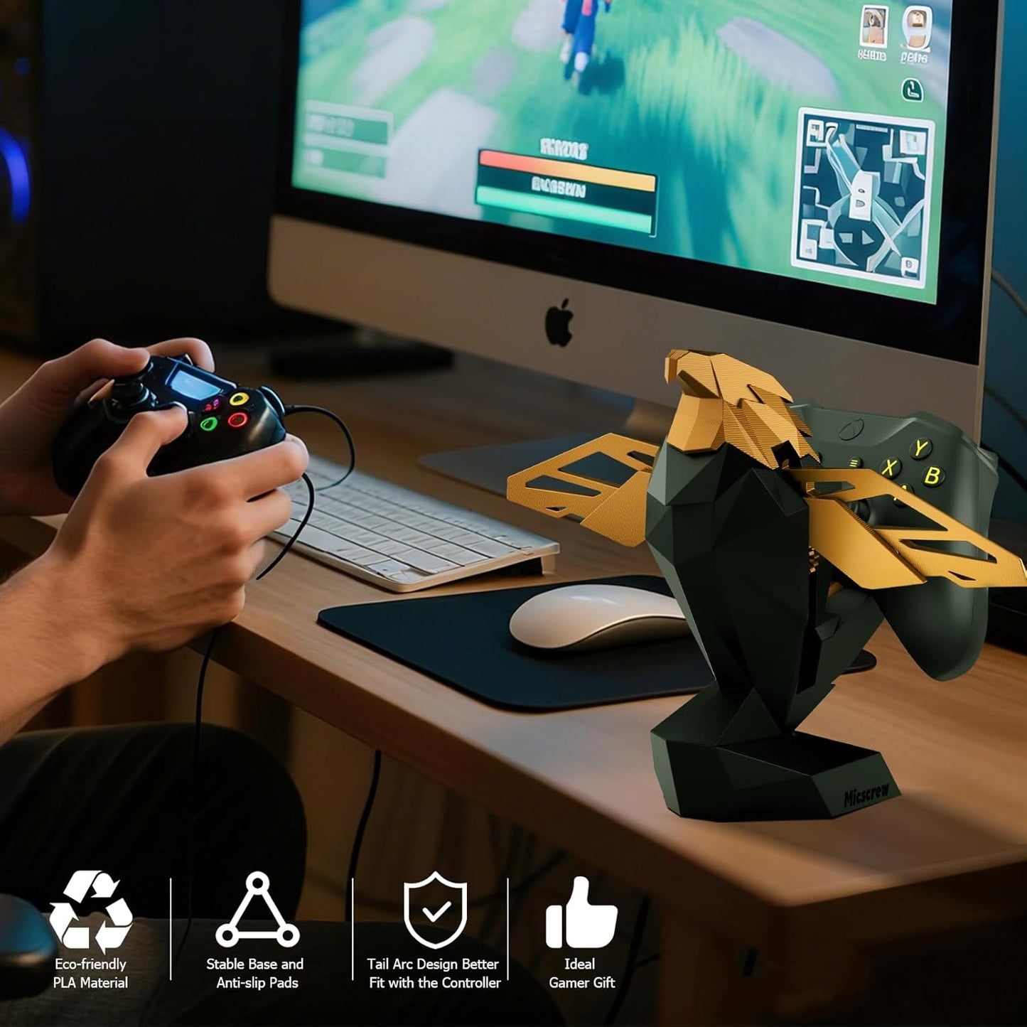 Controller Holder for Xbox/PS/Switch – Celebrity Black & Gold Eagle Stand, Auto-Spreading Wings, Dual Placement, Scratch-Free Curved Tail Design