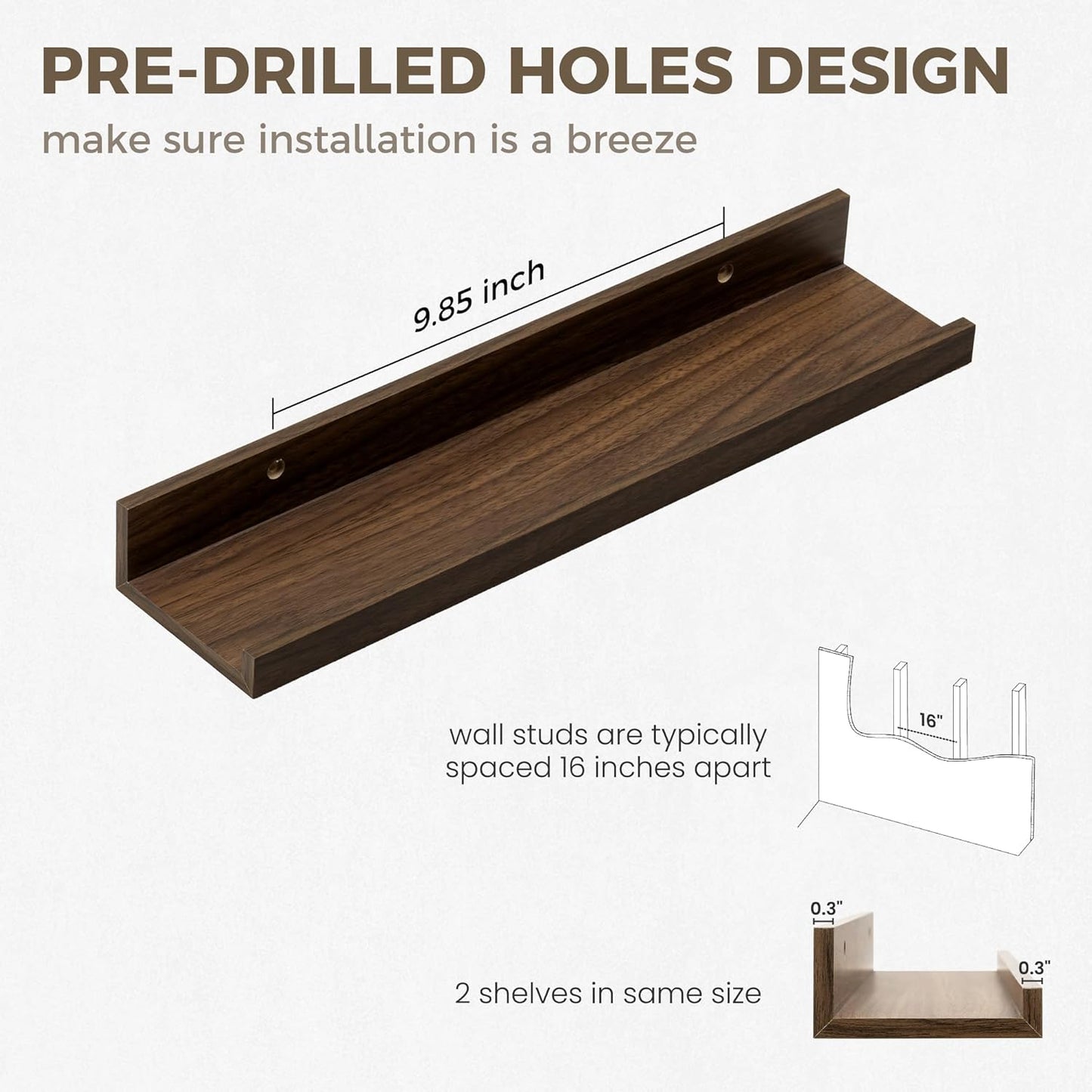 Axeman Floating Shelves for Wall | Picture Ledge Shelf Set of 2 | Rustic Walnut Picture Shelf for Wall with Ledge | Small Floating Shelves with Lip | Photo Ledge Shelves for Books Album Records